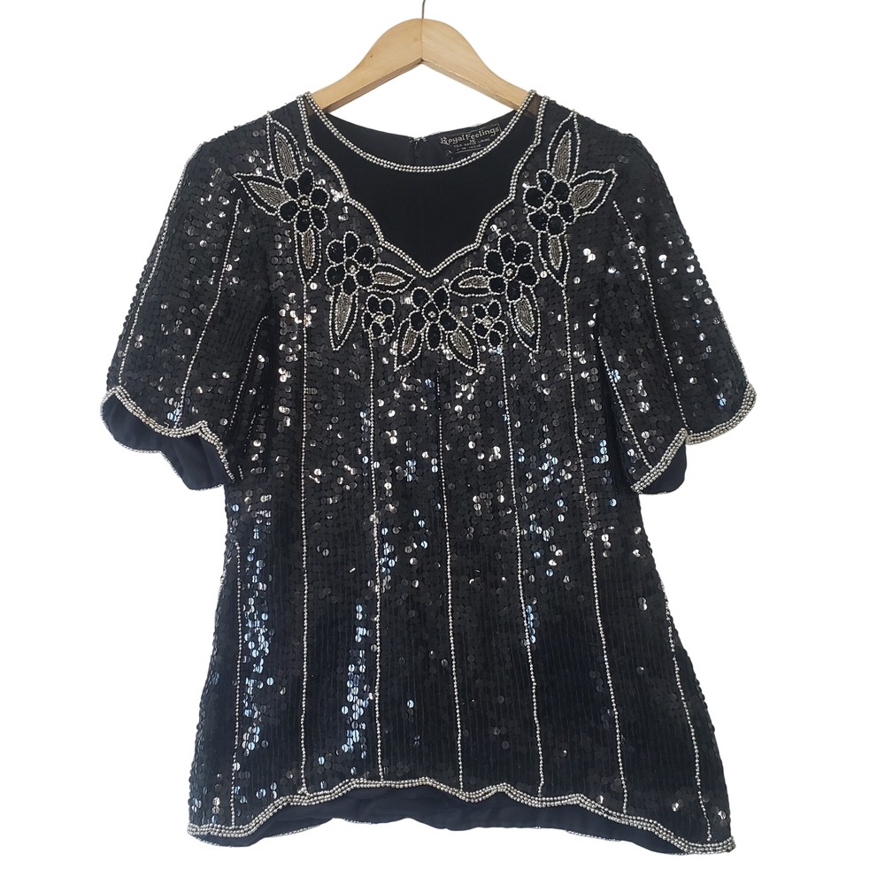Royal Feelings Sequin Top Womens Small Black Vintage 80s Beaded Silk Blouse